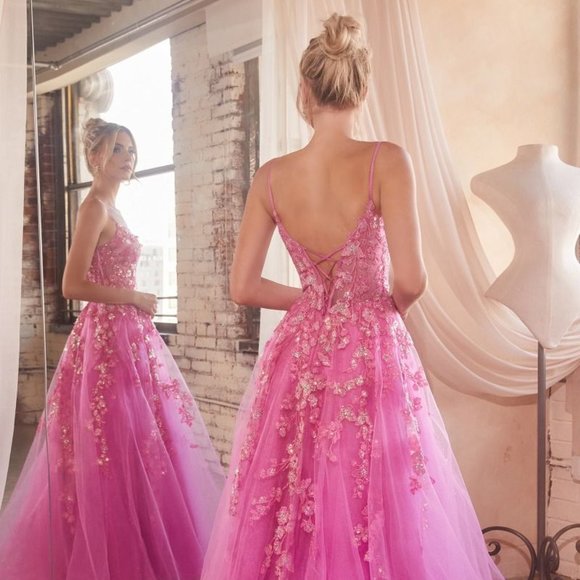 NEW A-LINE SLEEVELESS FORMAL TULLE DRESS EMBROIDERED WITH FLORAL LACE CD CM347 - Picture 5 of 10